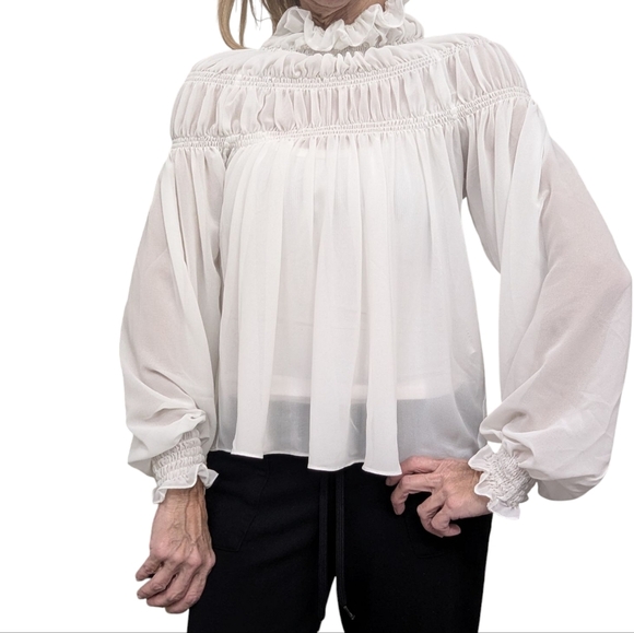 House of CB White Ruffle High Neck Sheer Blouse XS Romantic Cottagecore Top - Picture 2 of 11
